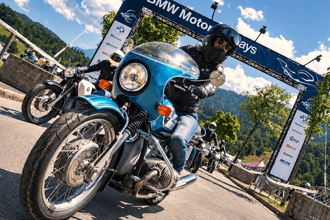Moto BMW azul passando pelo portal do BMW Motorrad Days