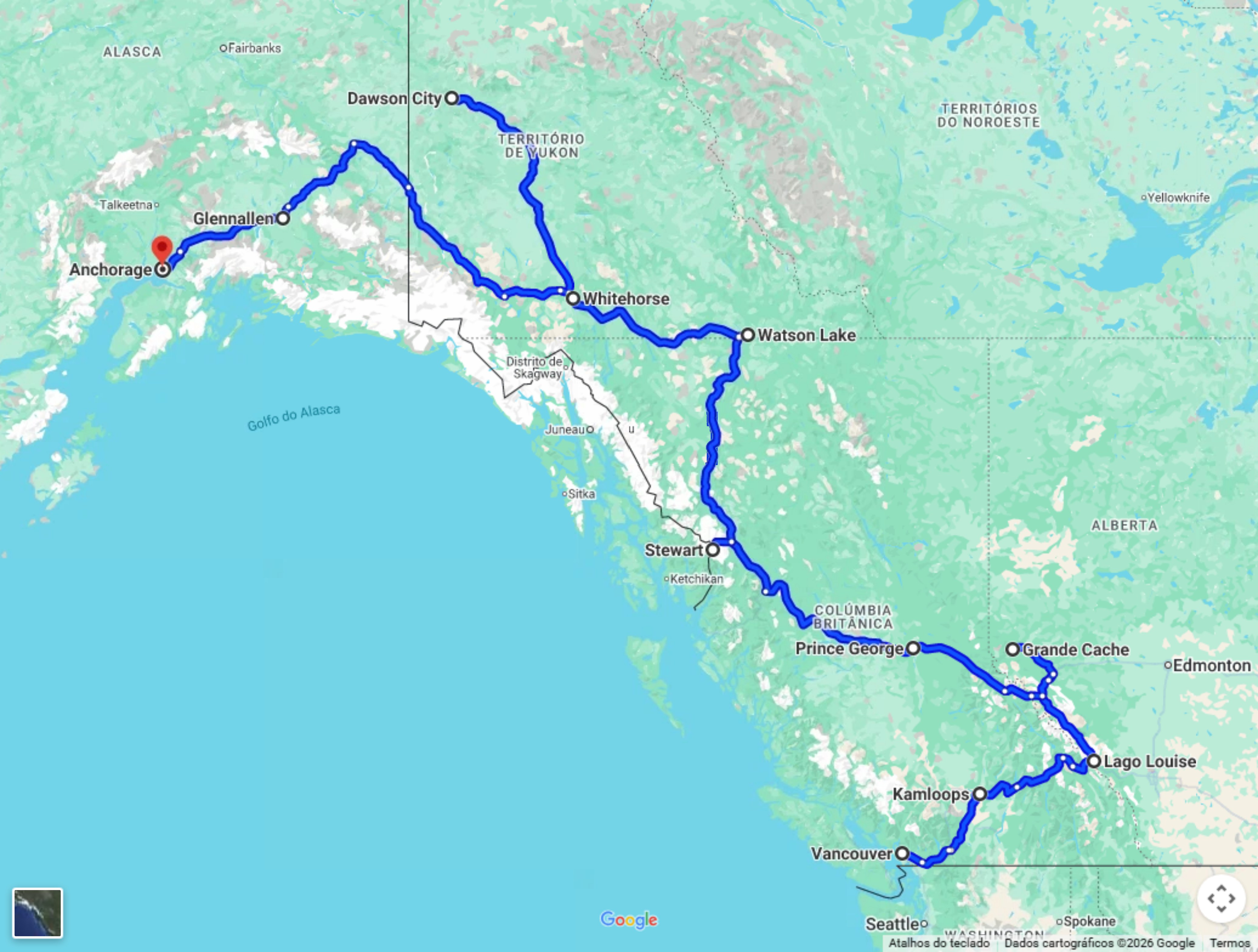 Mapa do trajeto do Alaska (Ida) no Google Maps, de Vancouver a Anchorage