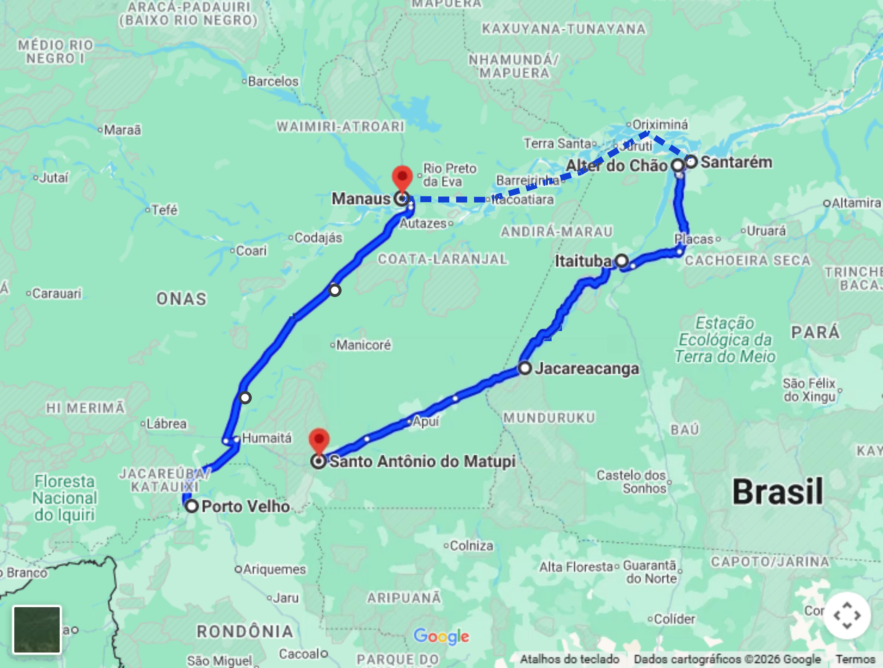 Mapa do trajeto do Tour Amazonas no Google Maps, de Porto Velho a Matupi