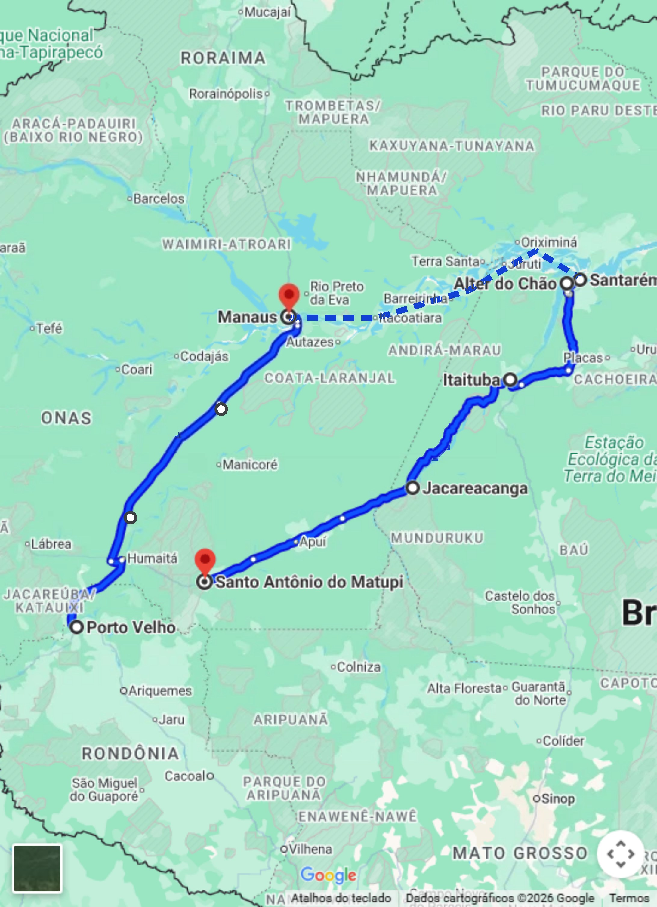 Mapa do trajeto do Tour Amazonas no Google Maps, de Porto Velho a Matupi