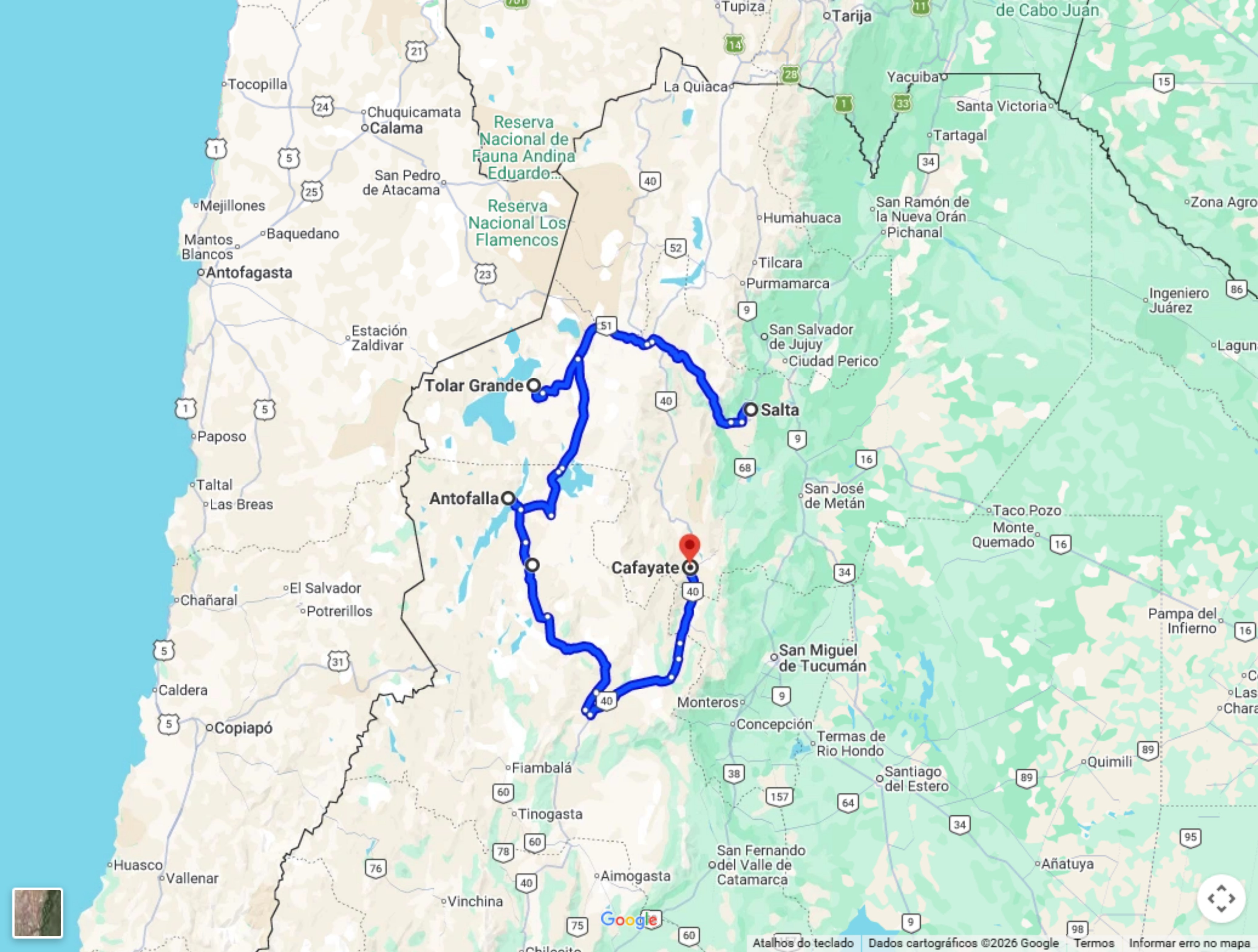 Mapa do trajeto do Tour Argentina no Google Maps, de Salta a Cafayate
