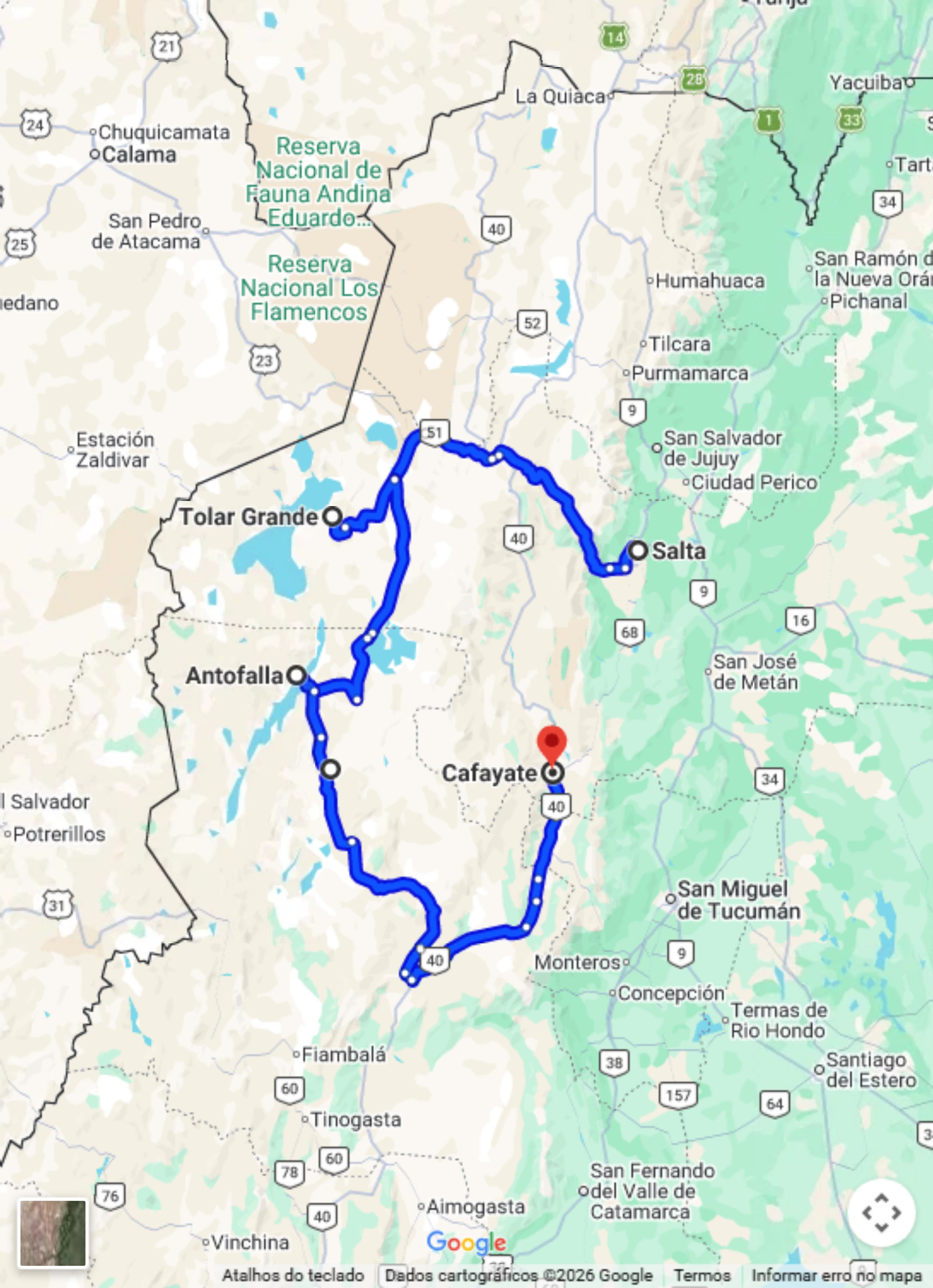 Mapa do trajeto do Tour Argentina no Google Maps, de Salta a Cafayate