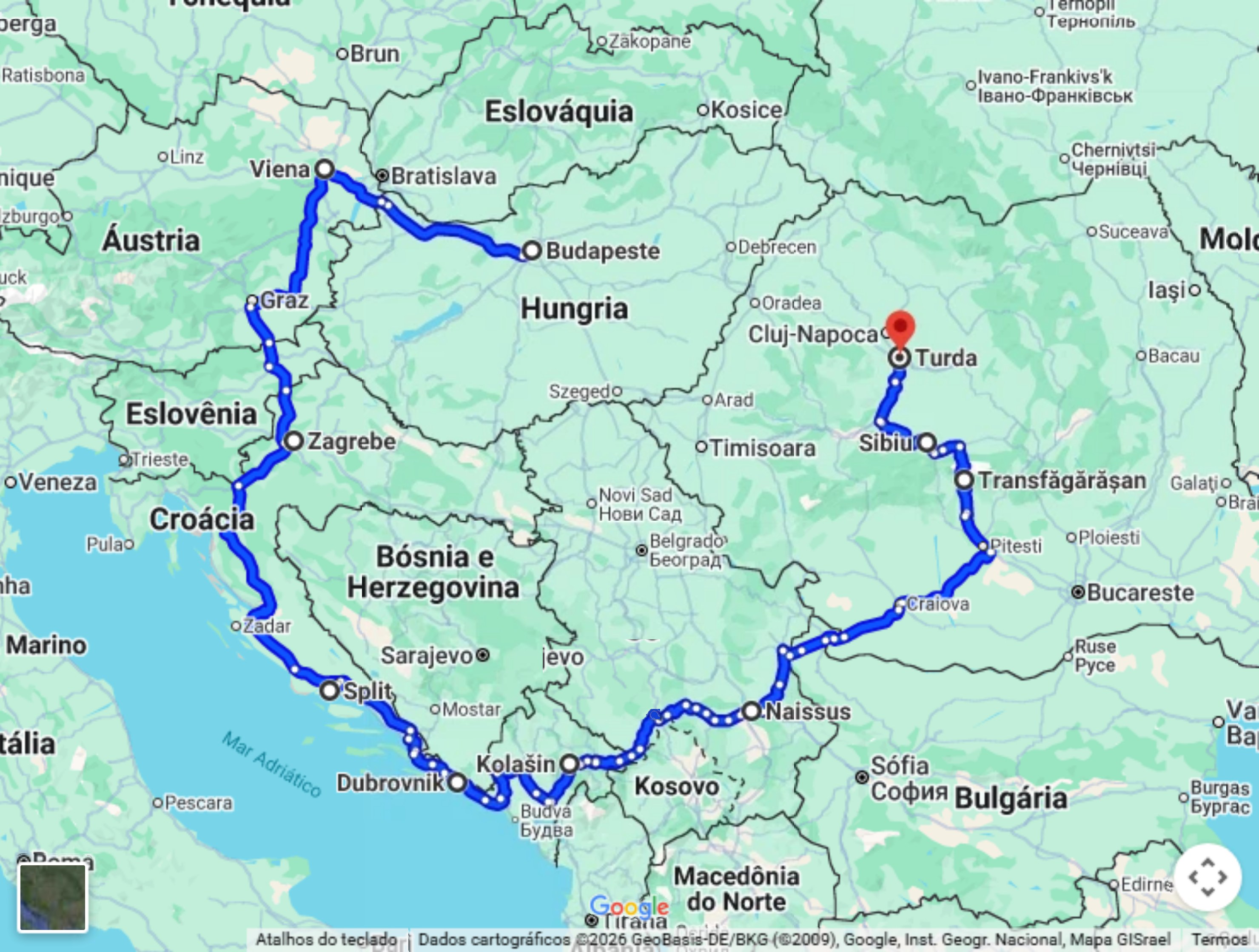 Mapa do trajeto do Bálcãs no Google Maps, de Budapeste a Turda