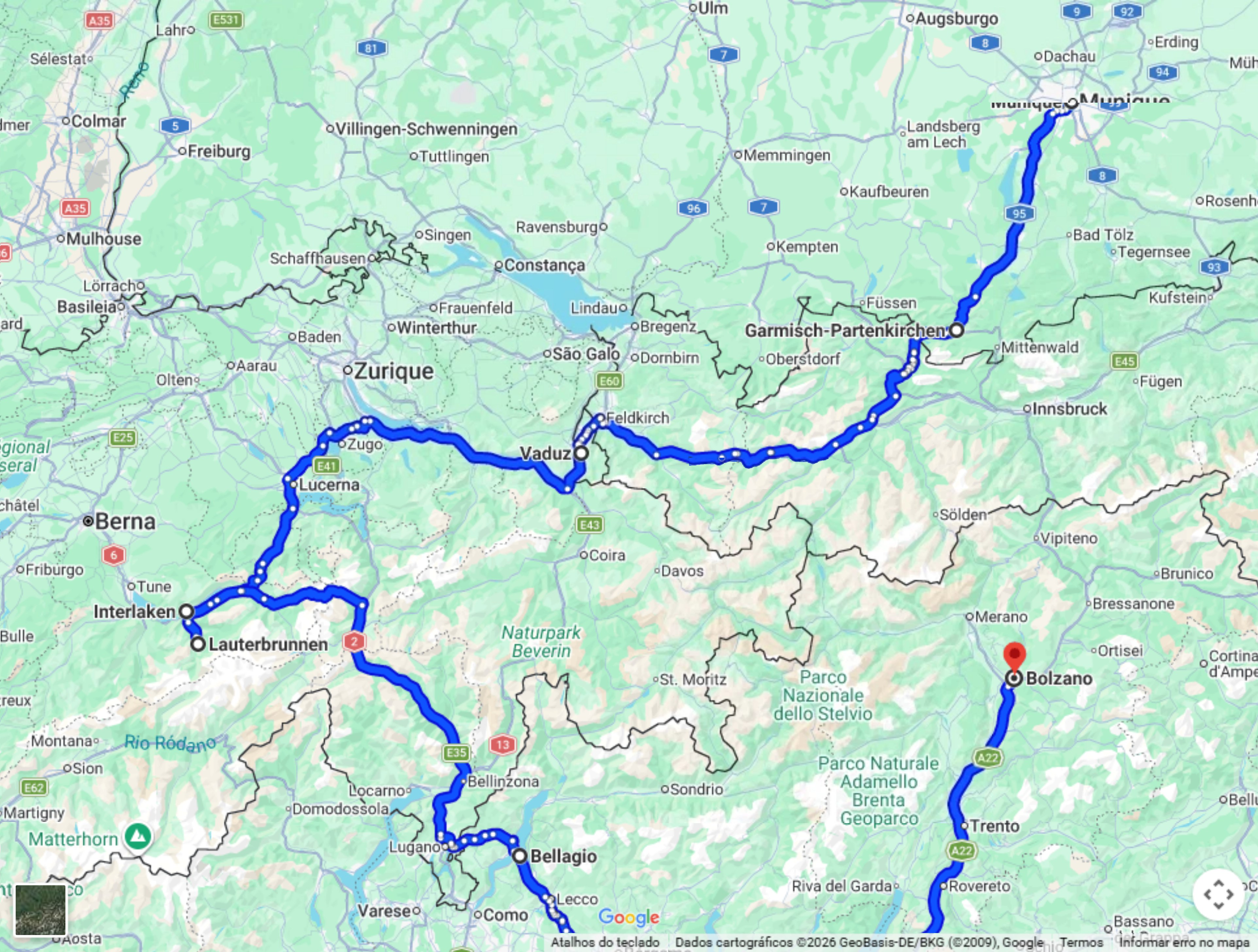 Mapa do trajeto do BMW Motorrad Days no Google Maps, de Munique a Bolzano