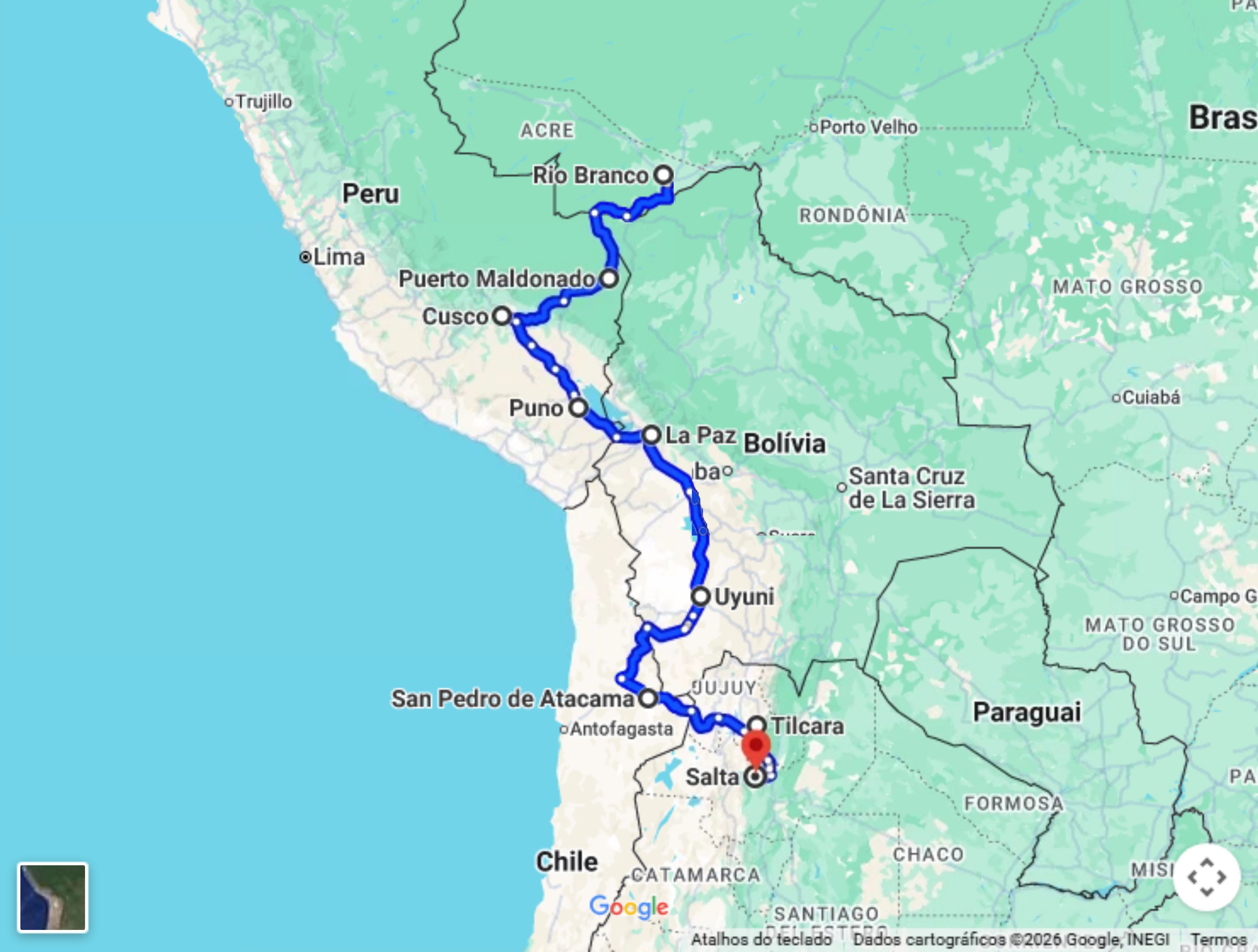 Mapa do trajeto do Tour Bolívia no Google Maps, de Rio Branco a Salta