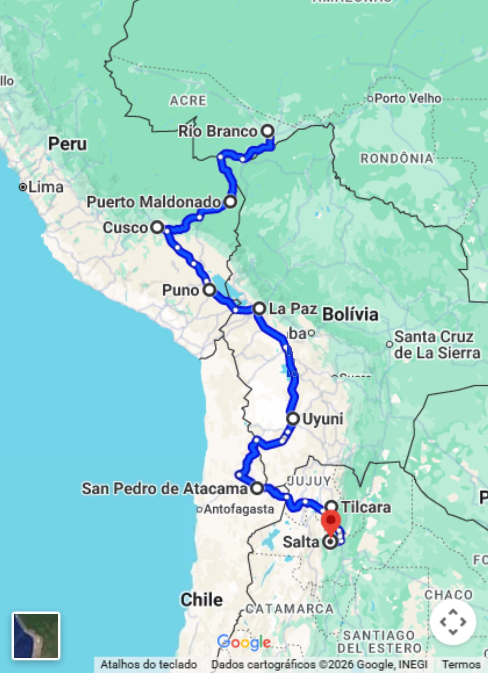 Mapa do trajeto do Tour Bolívia no Google Maps, de Rio Branco a Salta