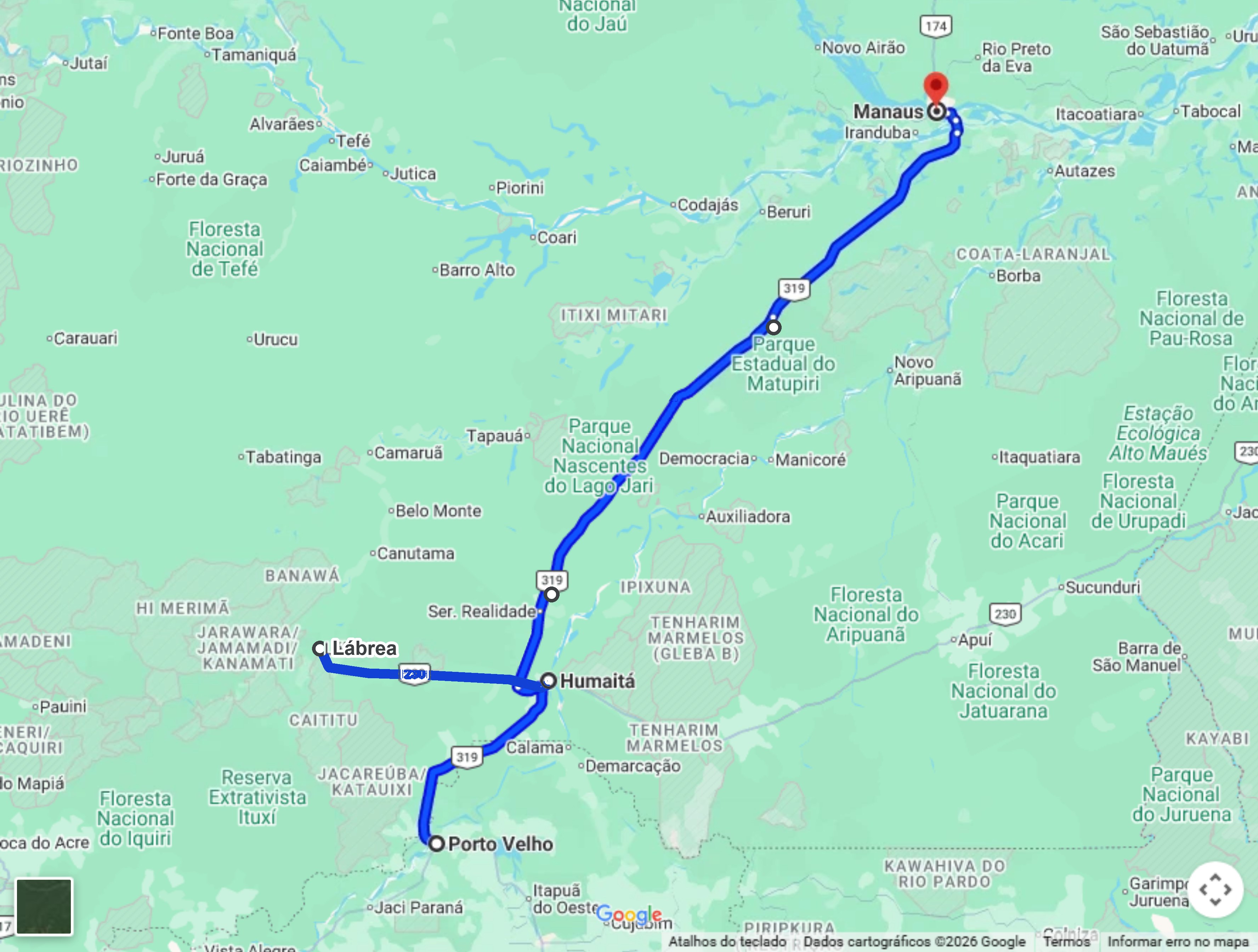 Mapa do trajeto do BR-319 no Google Maps, de Porto Velho a Manaus