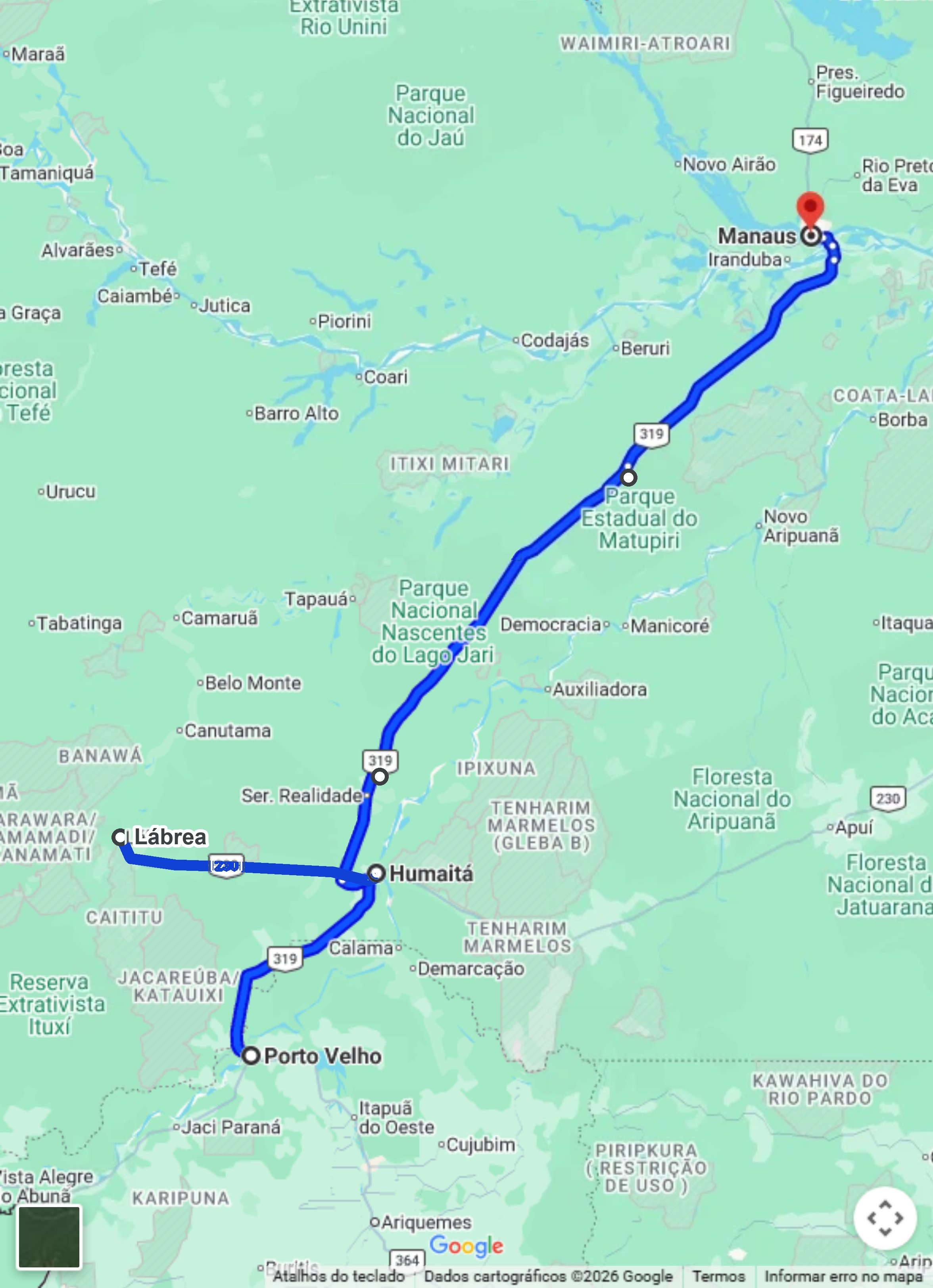 Mapa do trajeto do BR-319 no Google Maps, de Porto Velho a Manaus