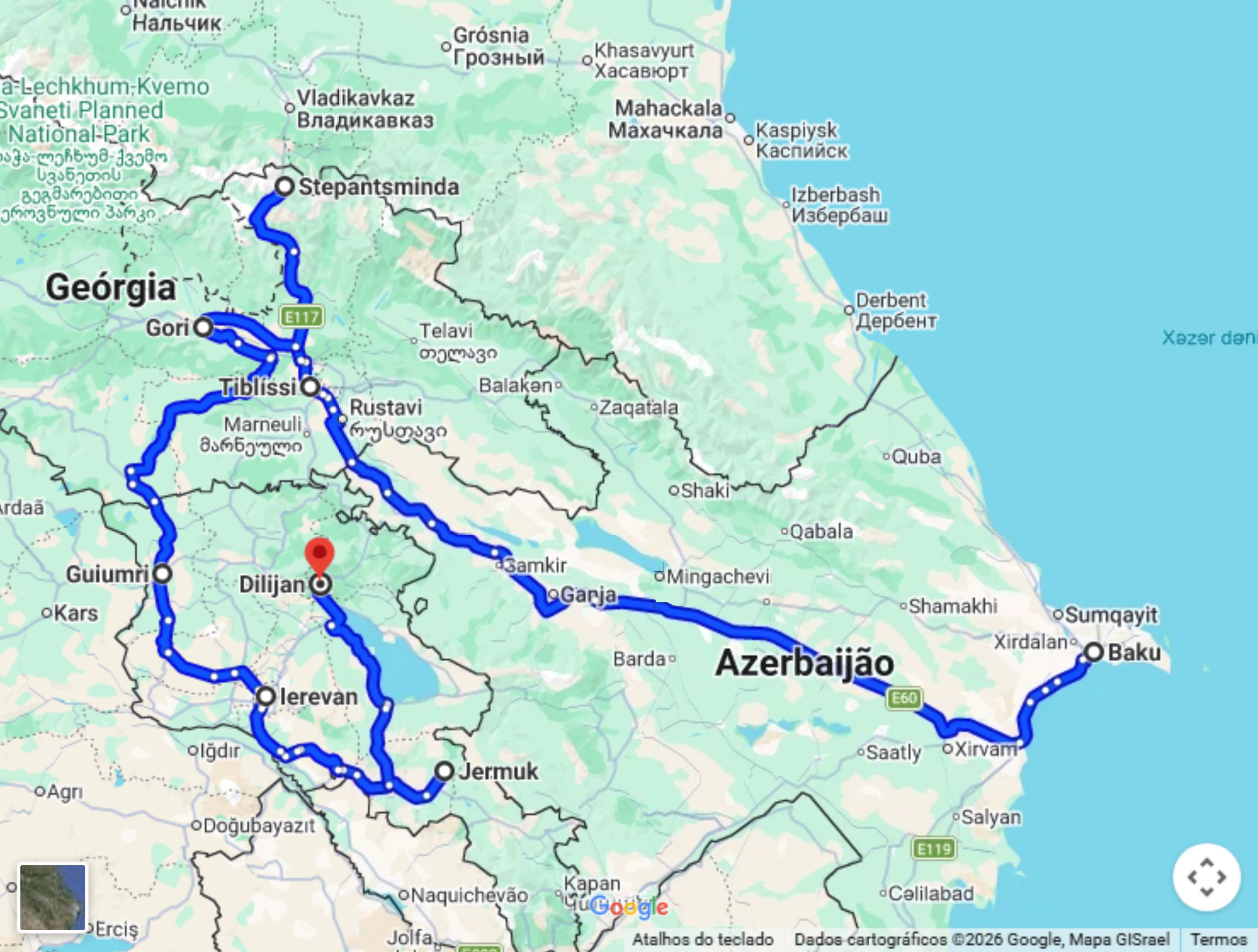 Mapa do trajeto do Cáucaso no Google Maps, de Baku a Dilijan