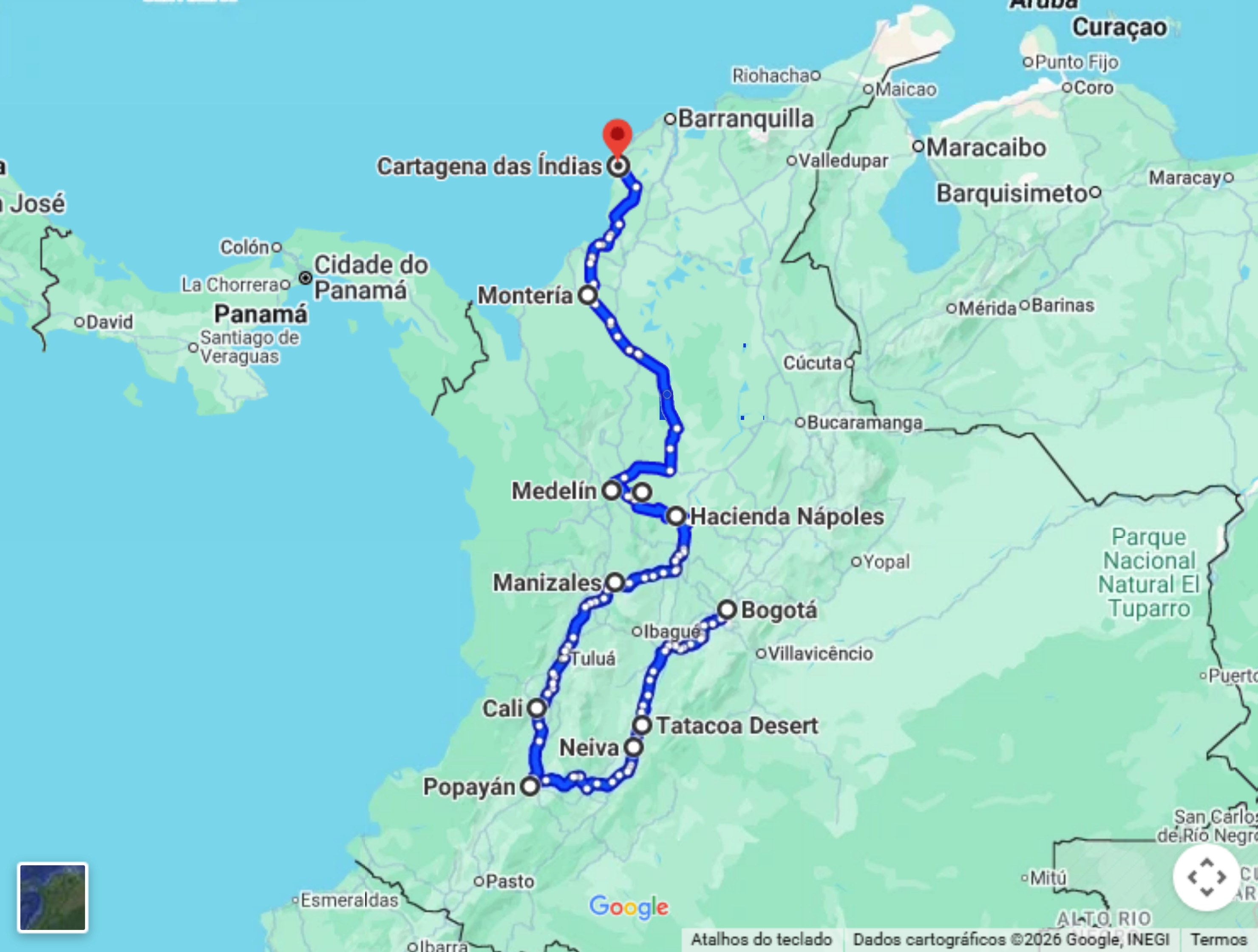 Mapa do trajeto do Tour Colômbia no Google Maps, de Bogotá a Cartagena