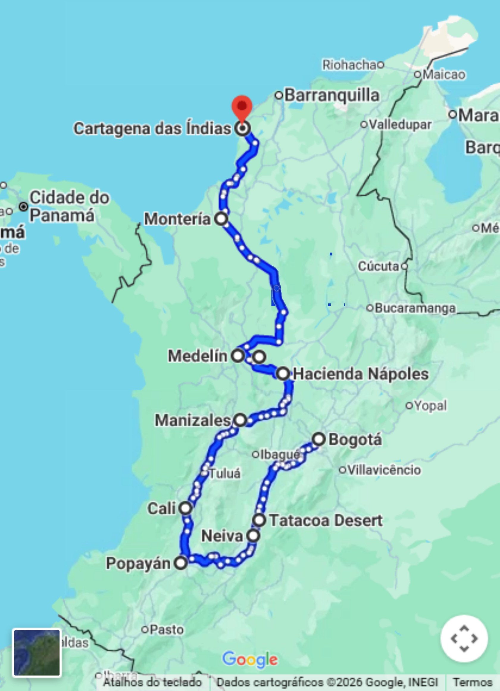 Mapa do trajeto do Tour Colômbia no Google Maps, de Bogotá a Cartagena