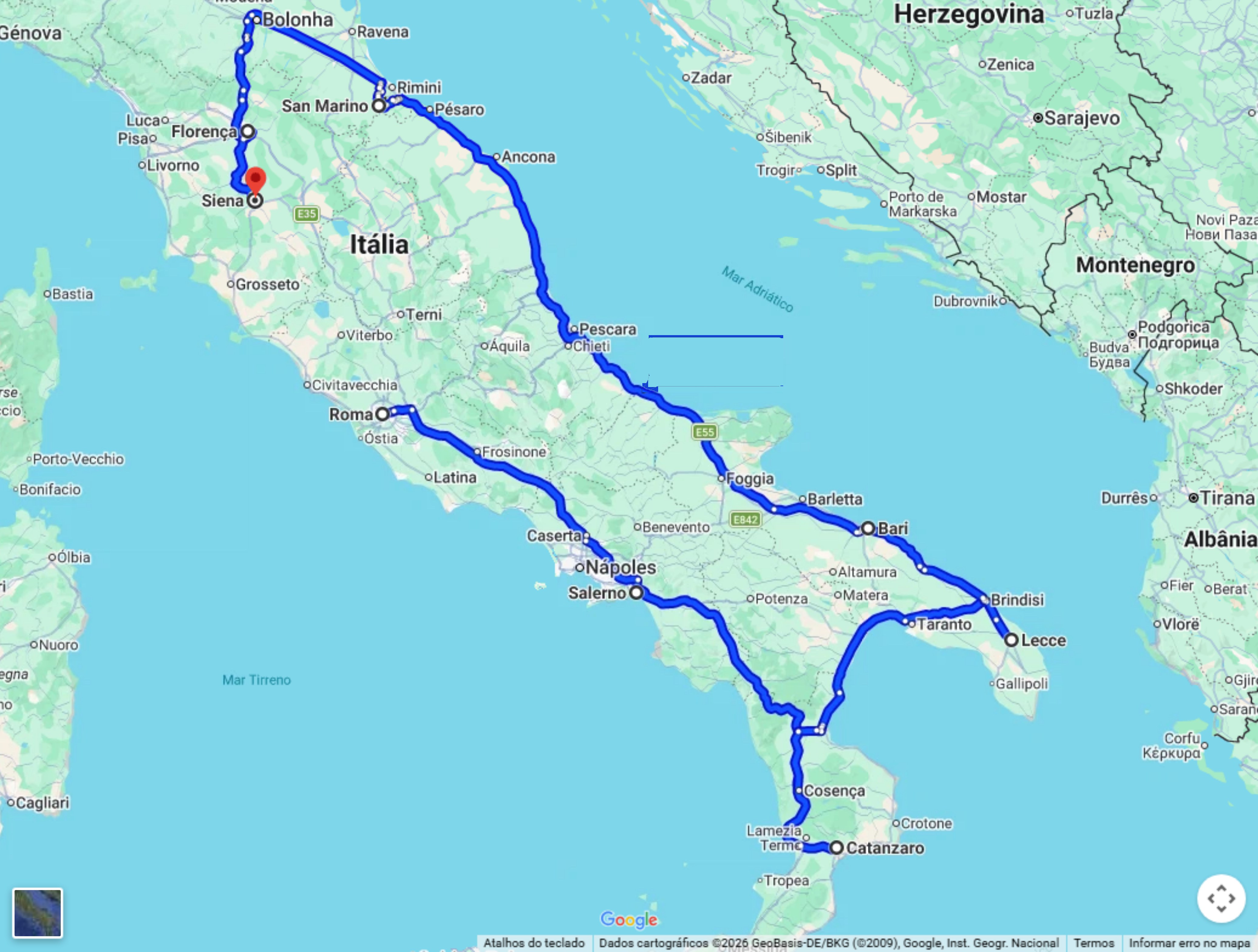 Mapa do trajeto do Giro da Itália no Google Maps, de Roma a Siena
