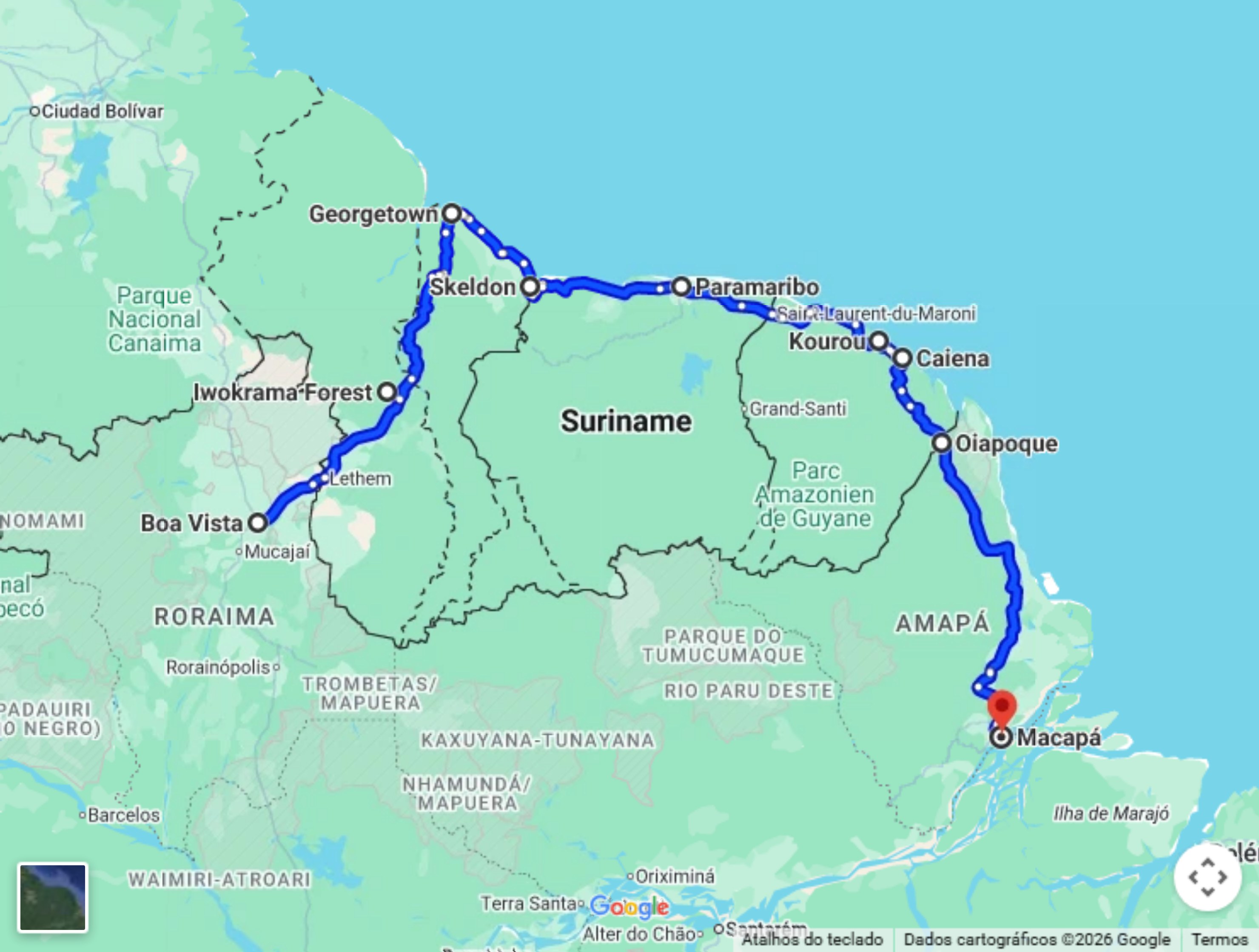 Mapa do trajeto do Tour das 3 Guianas no Google Maps, de Boa Vista a Macapá