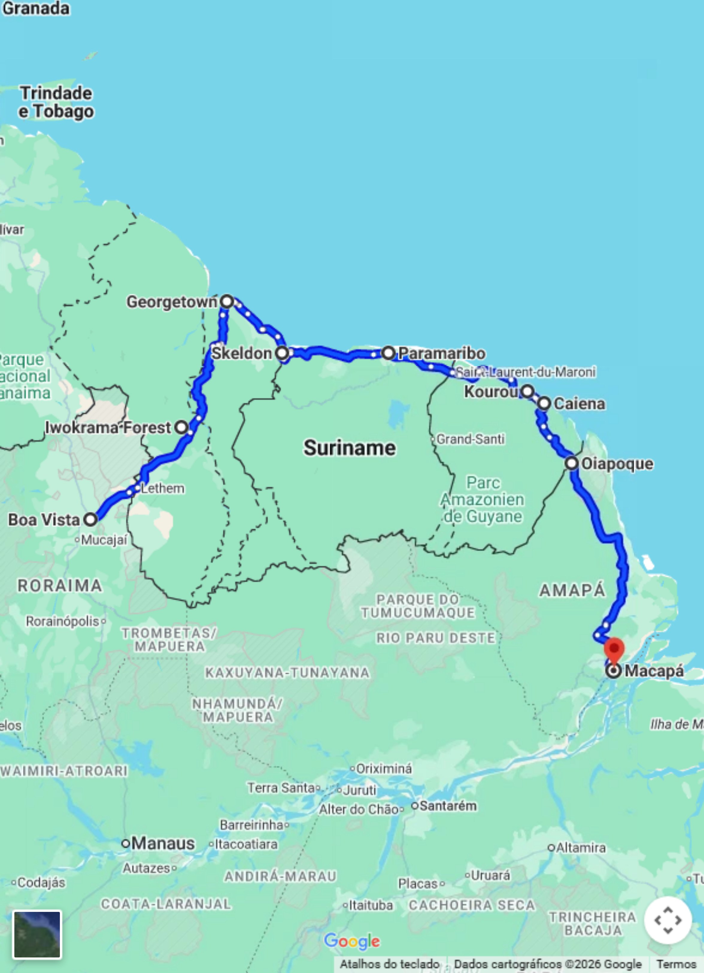 Mapa do trajeto do Tour das 3 Guianas no Google Maps, de Boa Vista a Macapá