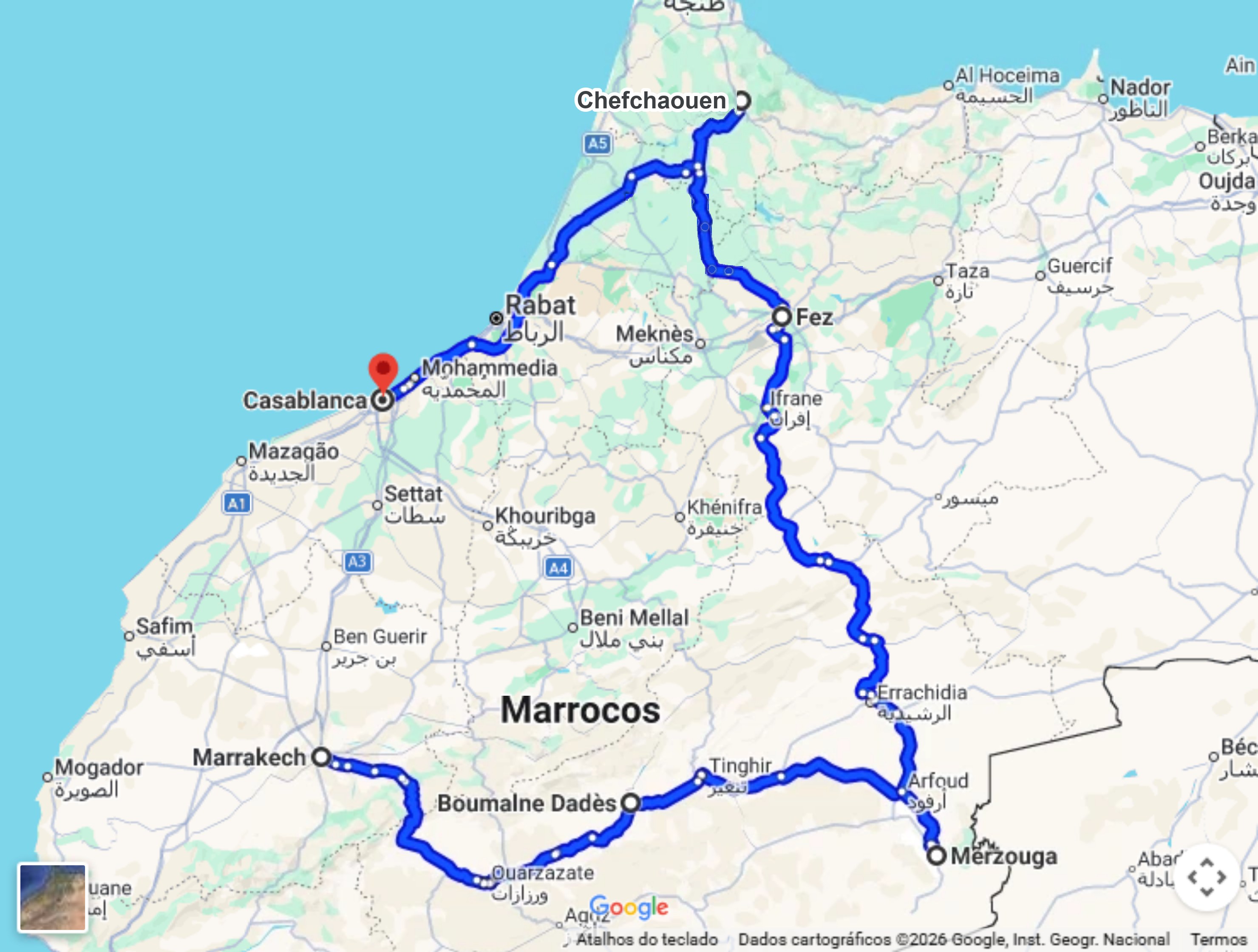 Mapa do trajeto do 1001 Noites no Marrocos no Google Maps, de Marrakech a Casablanca