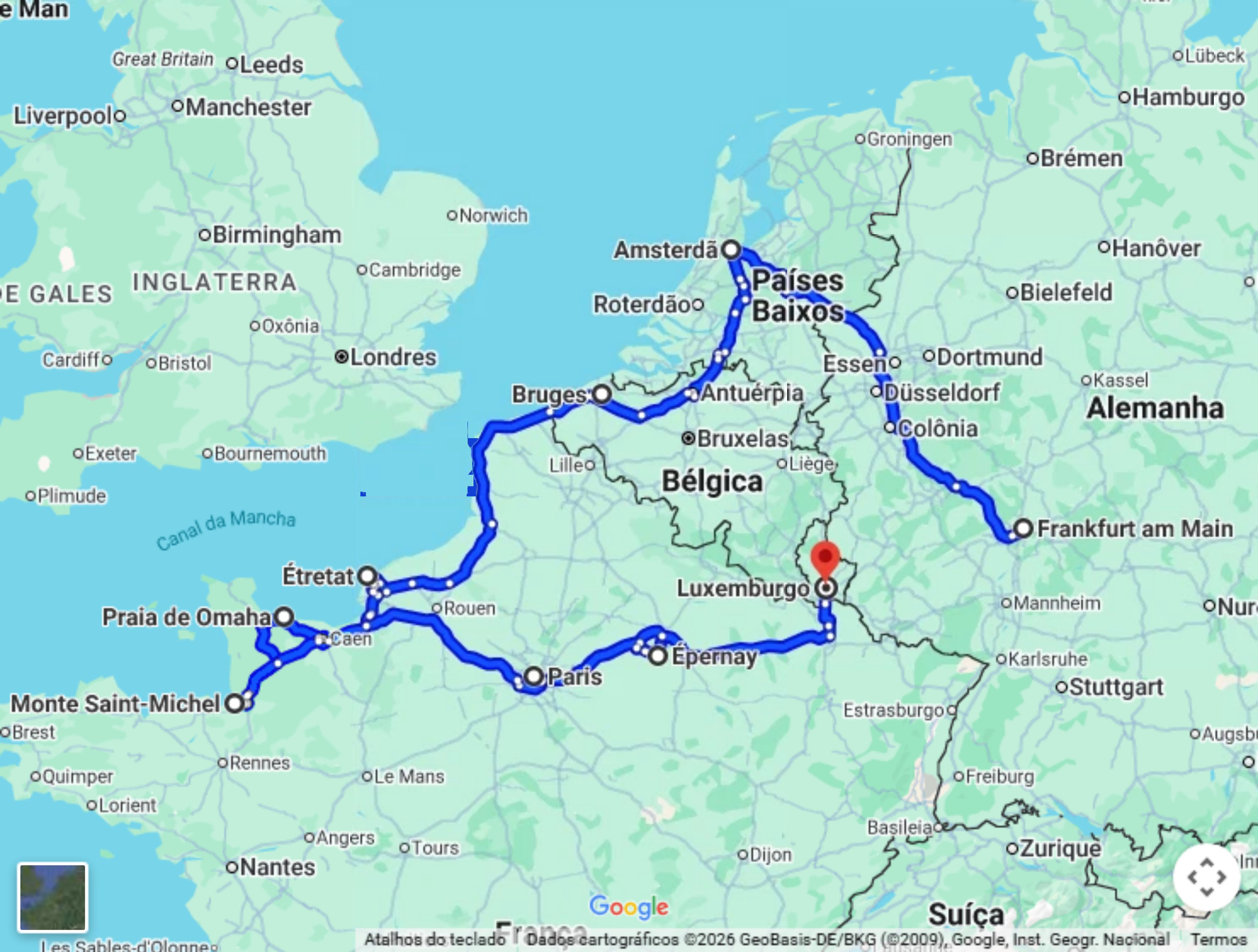 Mapa do trajeto do Normandia no Google Maps, de Frankfurt a Luxemburgo