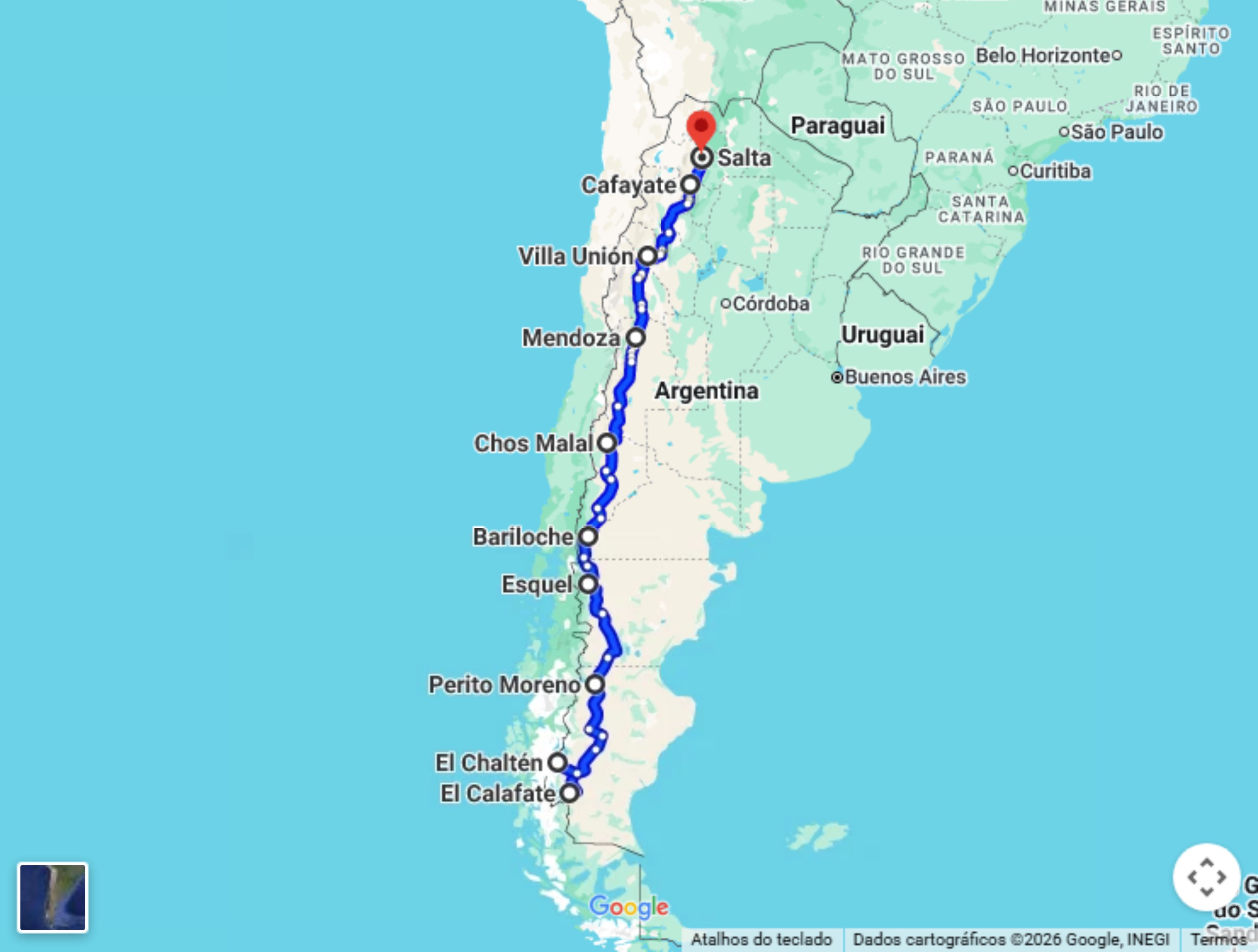 Mapa do trajeto do Tour Patagônia no Google Maps, de El Calafate a Salta