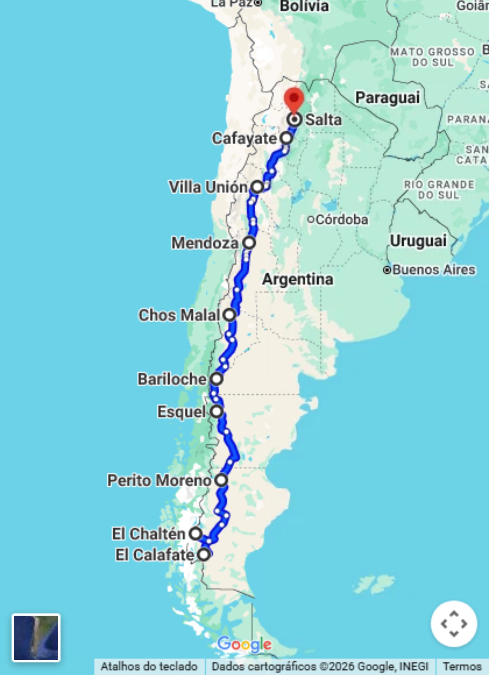 Mapa do trajeto do Tour Patagônia no Google Maps, de El Calafate a Salta