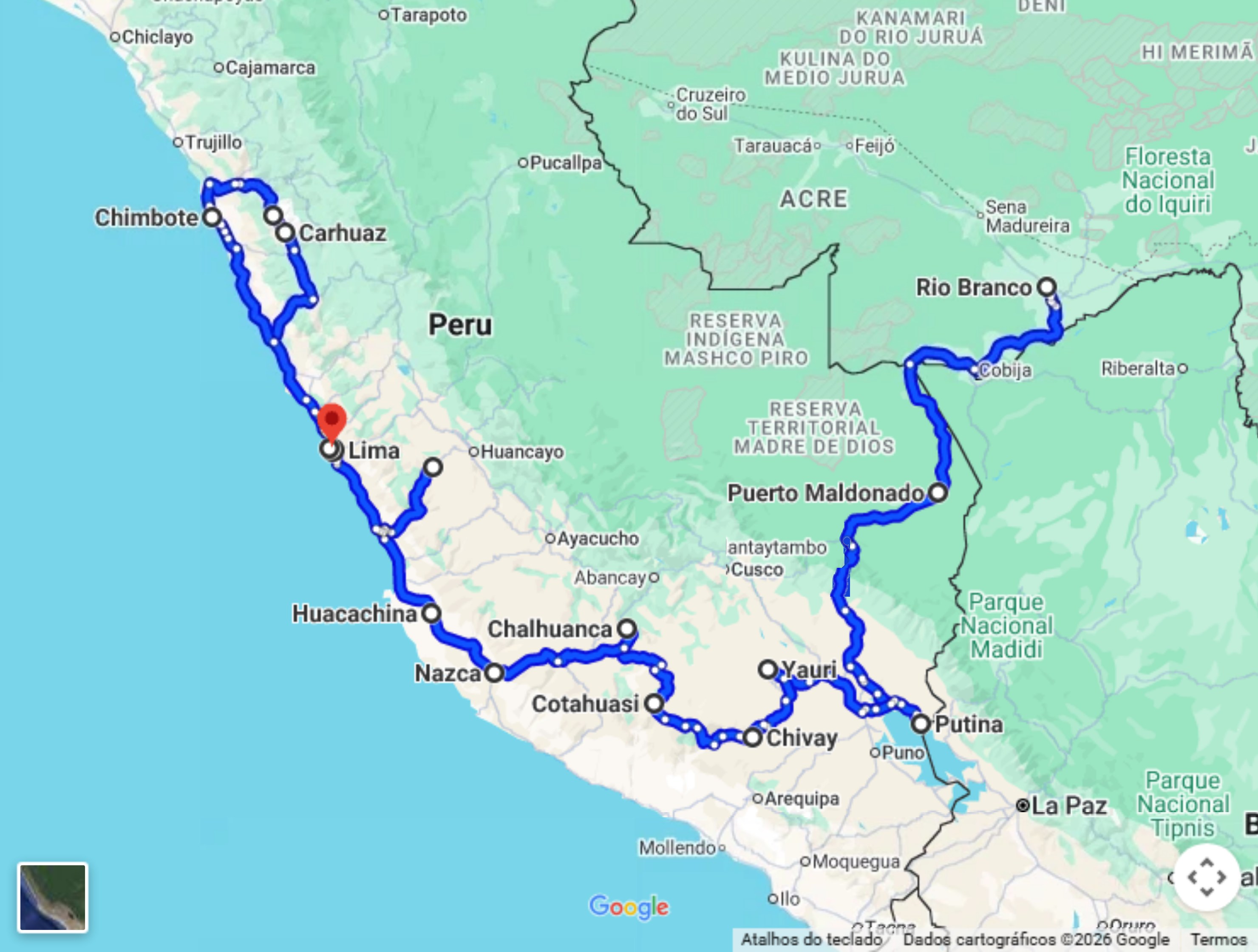 Mapa do trajeto do Tour Peru no Google Maps, de Rio Branco a Lima