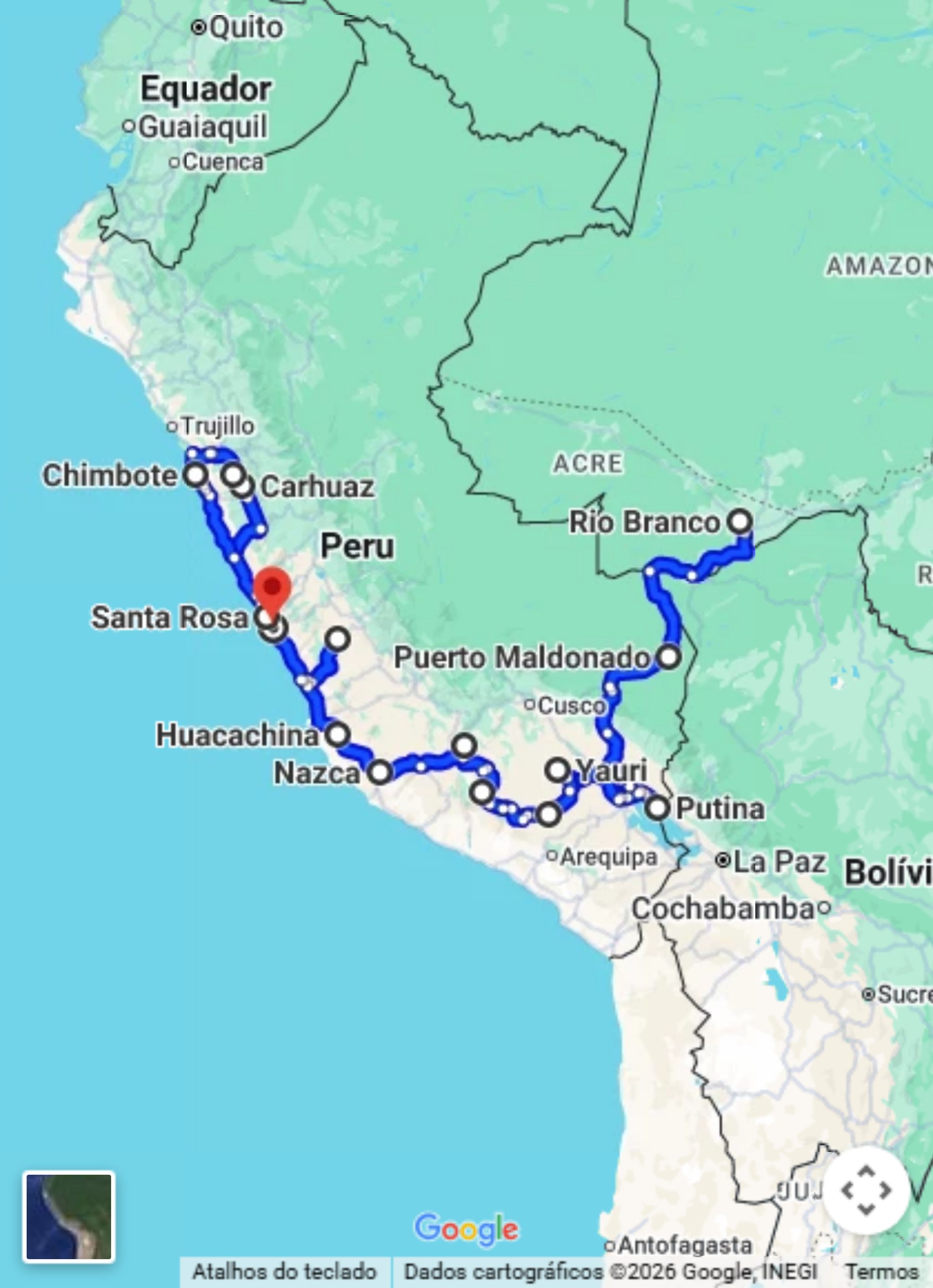 Mapa do trajeto do Tour Peru no Google Maps, de Rio Branco a Lima