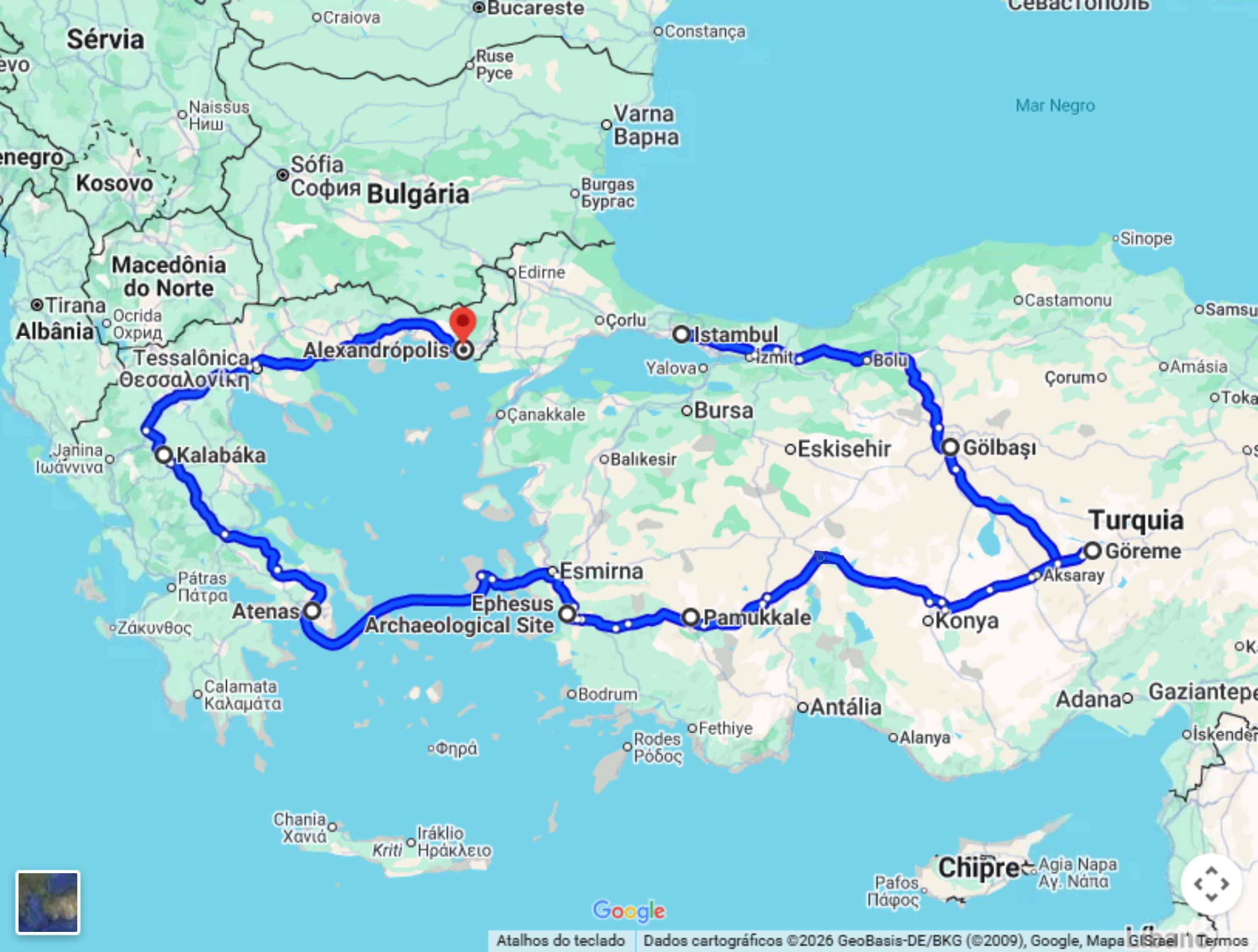 Mapa do trajeto do Rota dos Deuses no Google Maps, de Istambul a Alexandrópolis