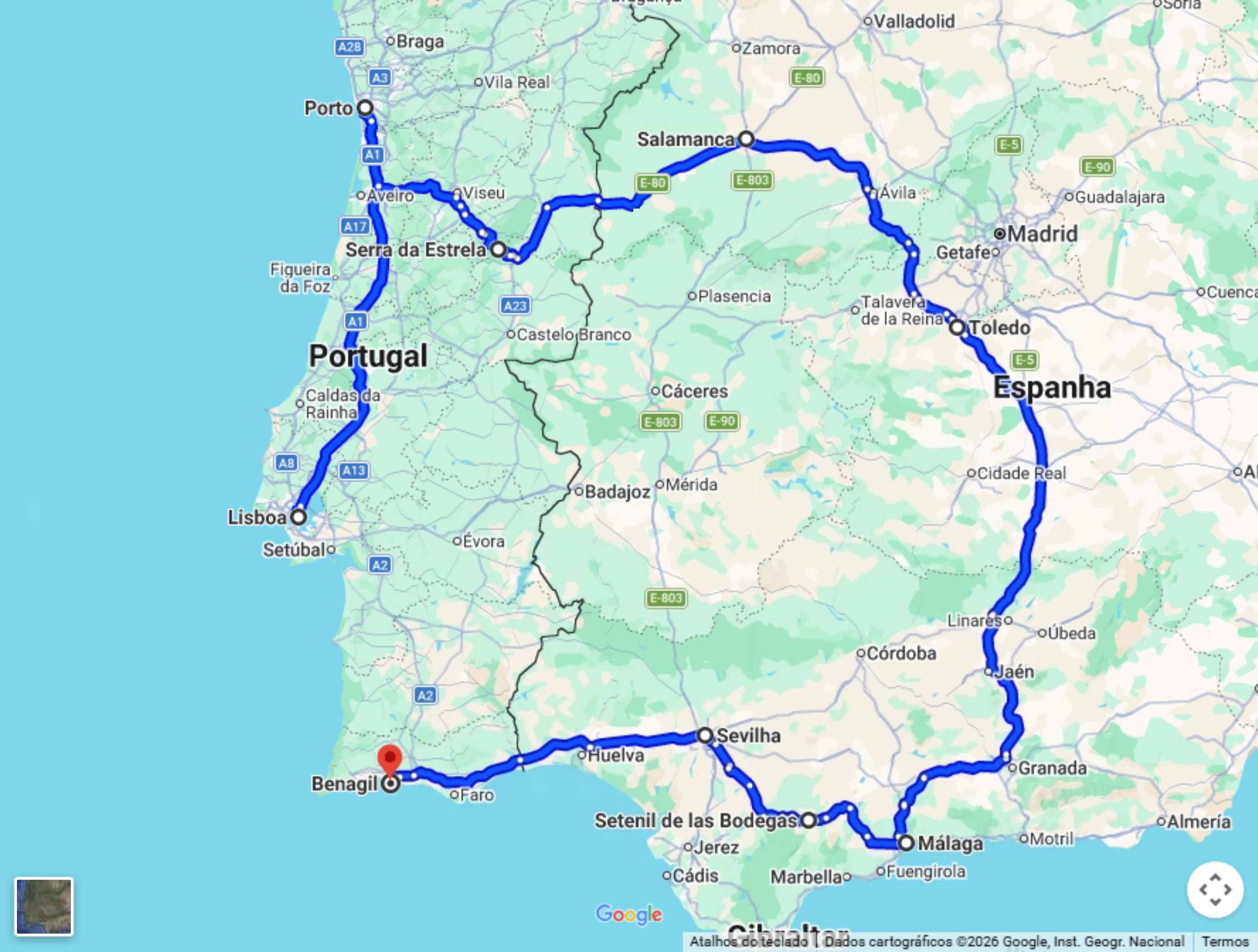 Mapa do trajeto do Rota dos Templários no Google Maps, de Lisboa a Benagil