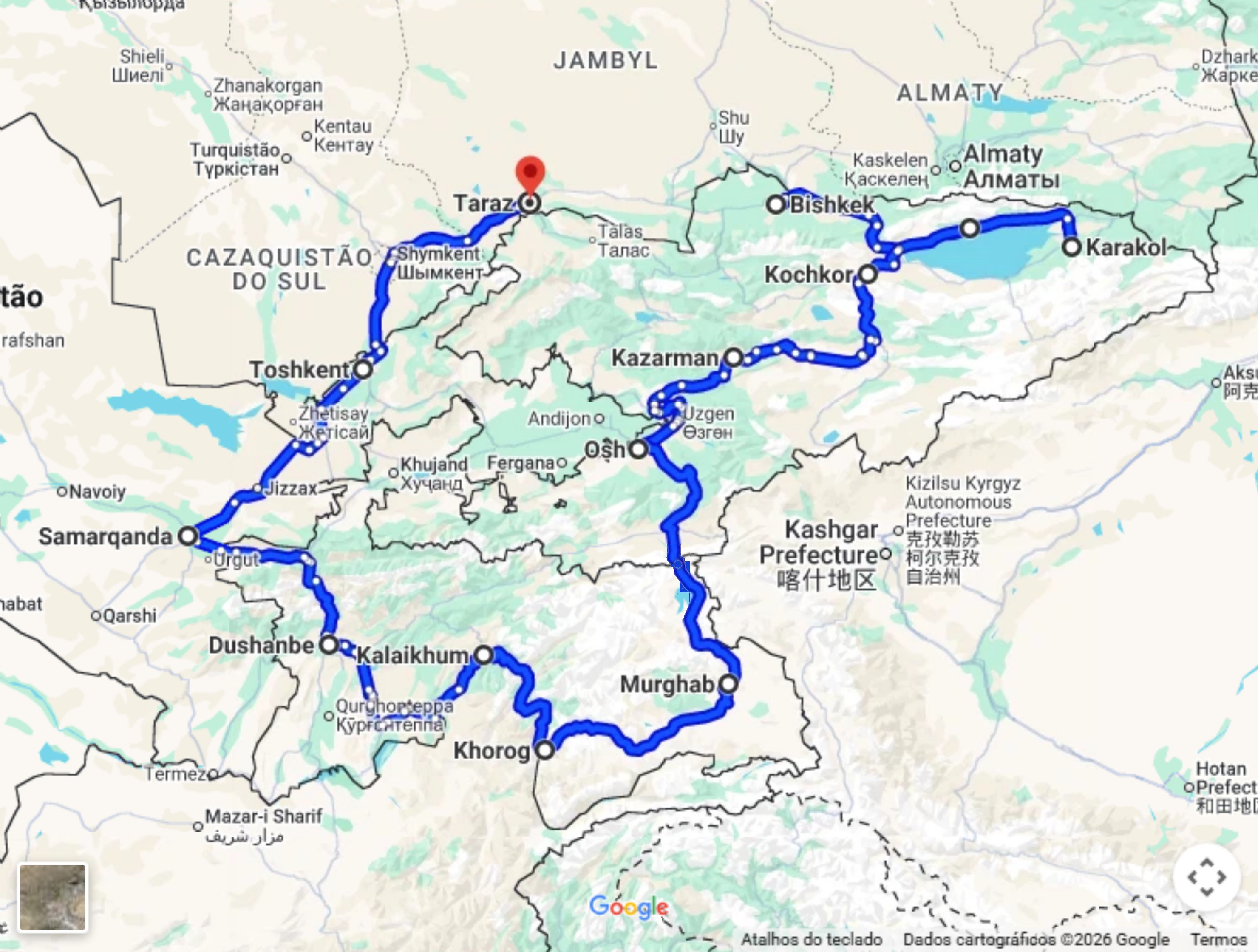 Mapa do trajeto do Teto do Mundo no Google Maps, de Bishkek a Taraz