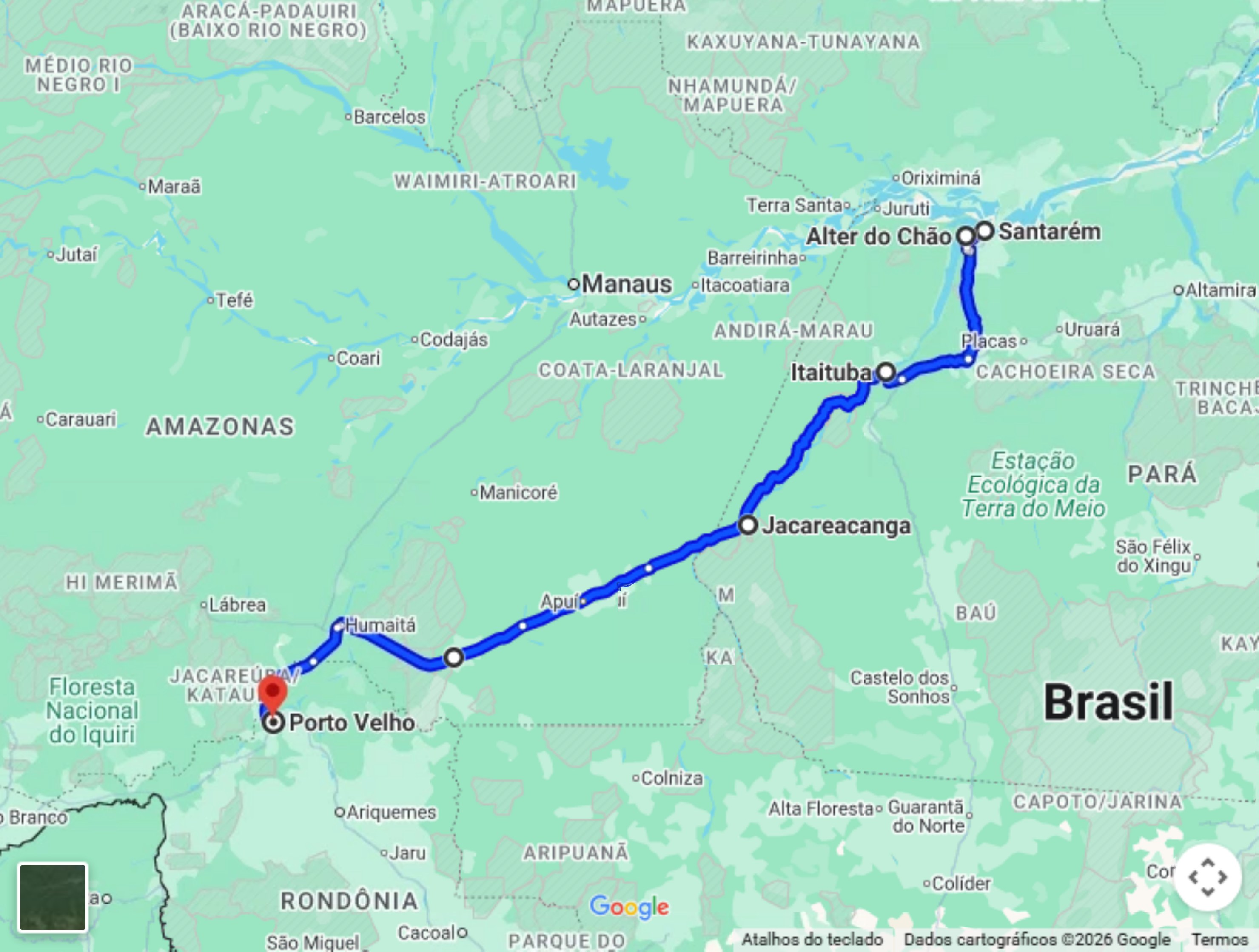 Mapa do trajeto do Transamazônica no Google Maps, de Santarém a Porto Velho