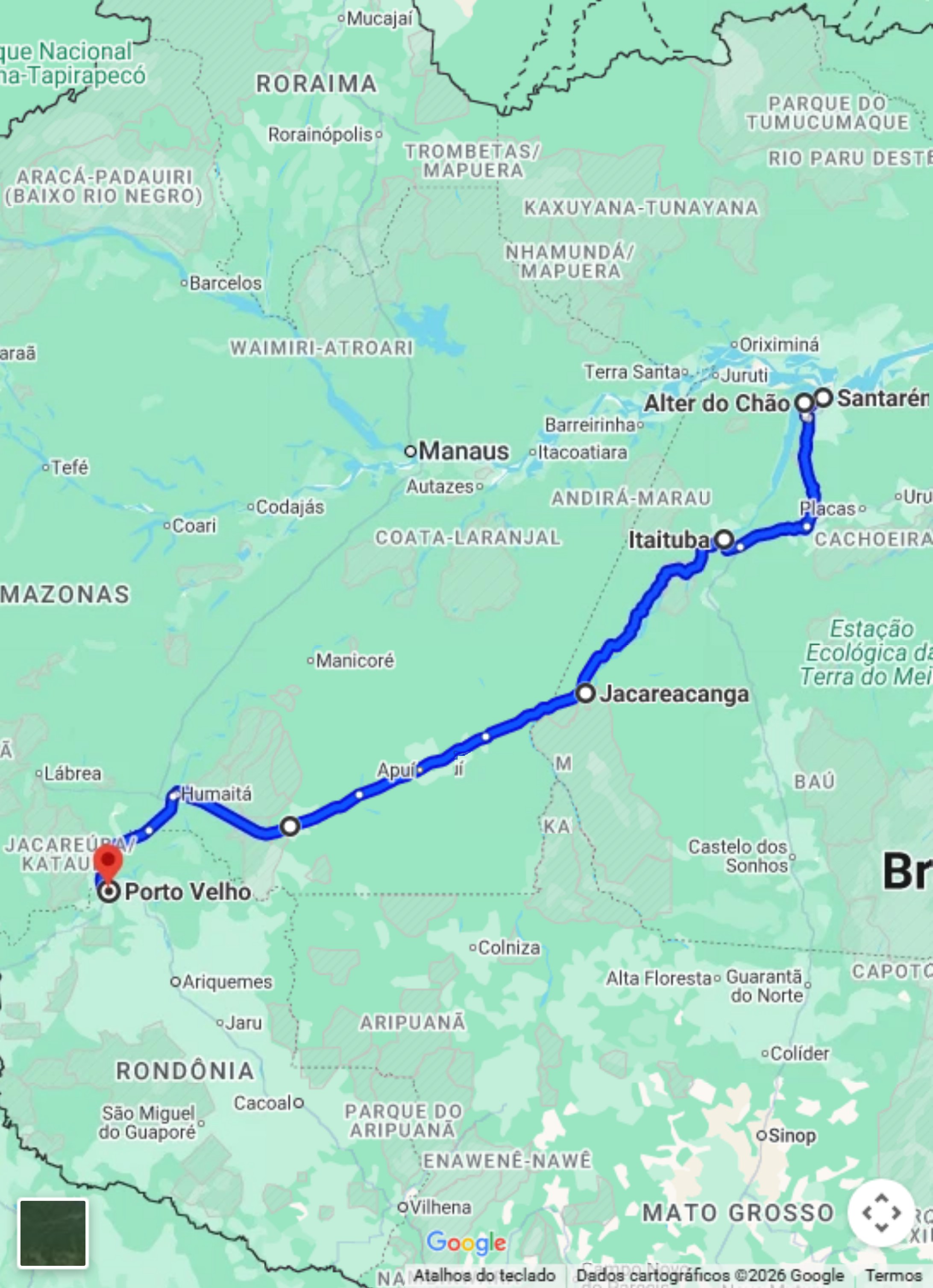 Mapa do trajeto do Transamazônica no Google Maps, de Santarém a Porto Velho