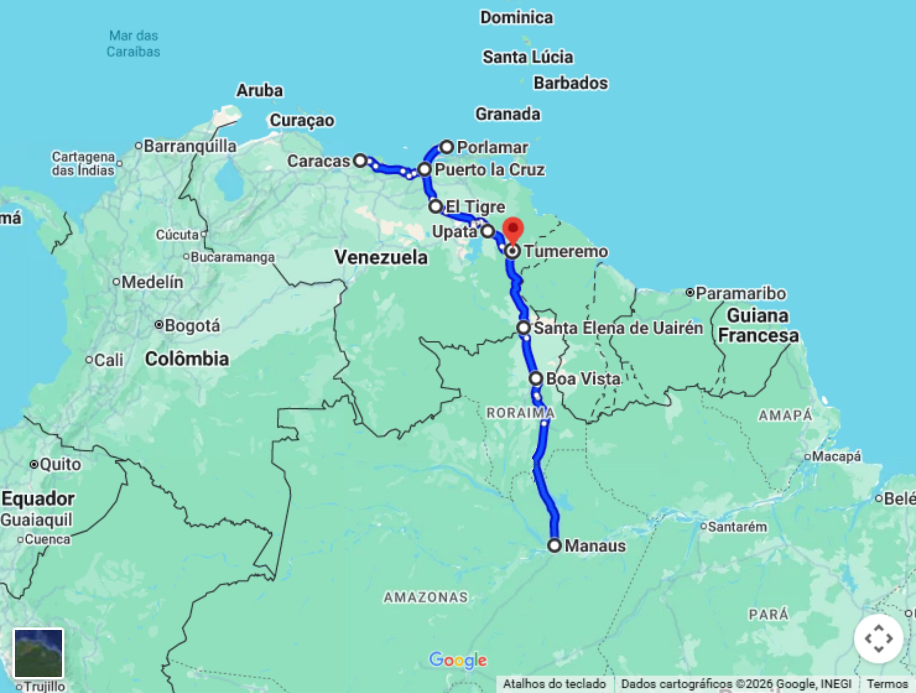 Mapa do trajeto do Tour Venezuela Beach no Google Maps, de Manaus a Tumeremo