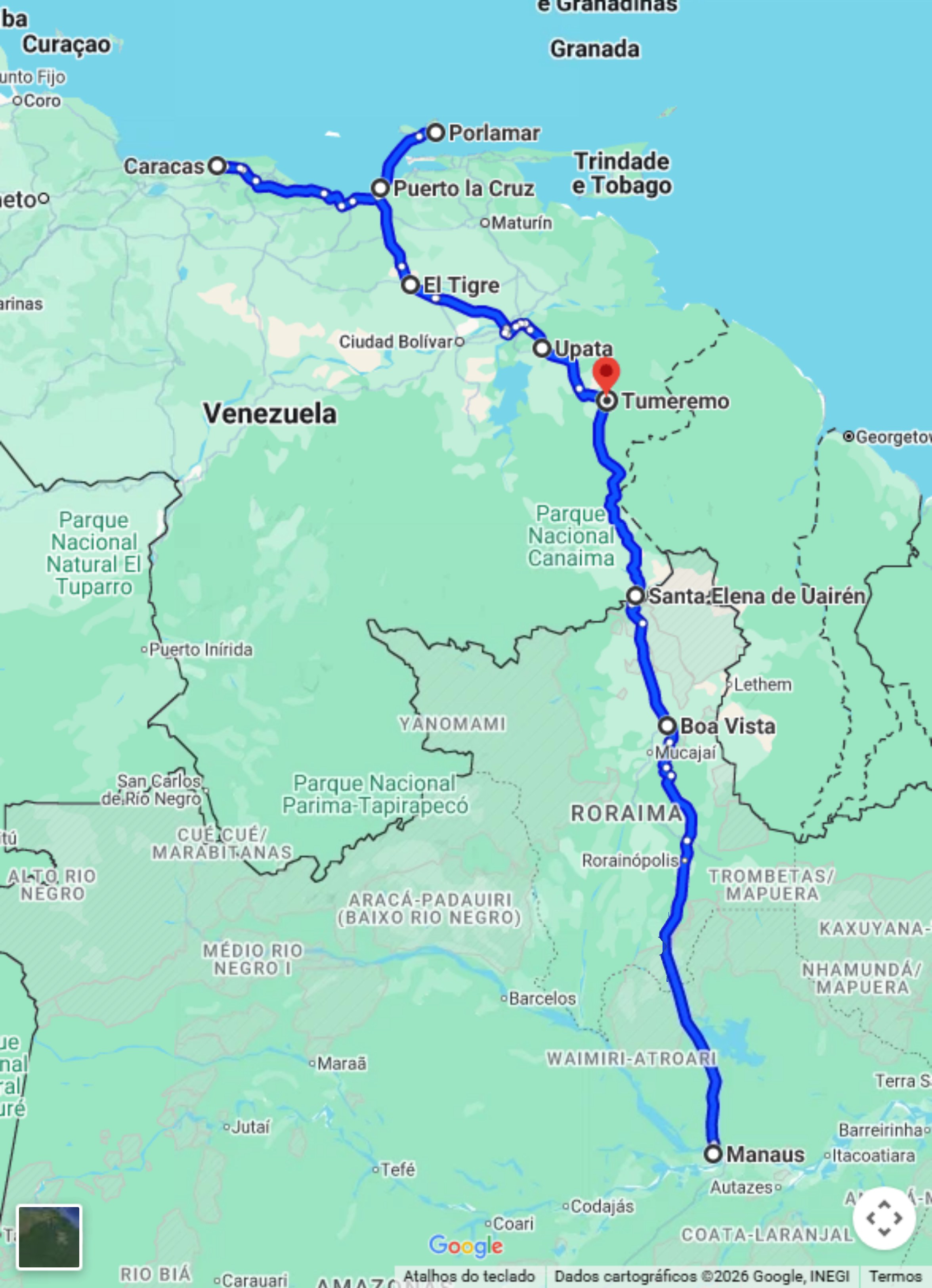 Mapa do trajeto do Tour Venezuela Beach no Google Maps, de Manaus a Tumeremo