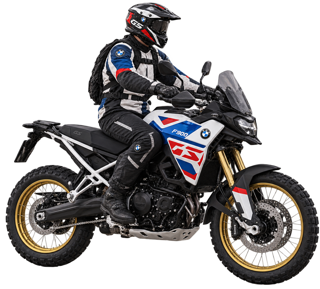 BMW F 900 GS branca, azul e vermelha com rodas douradas, com piloto