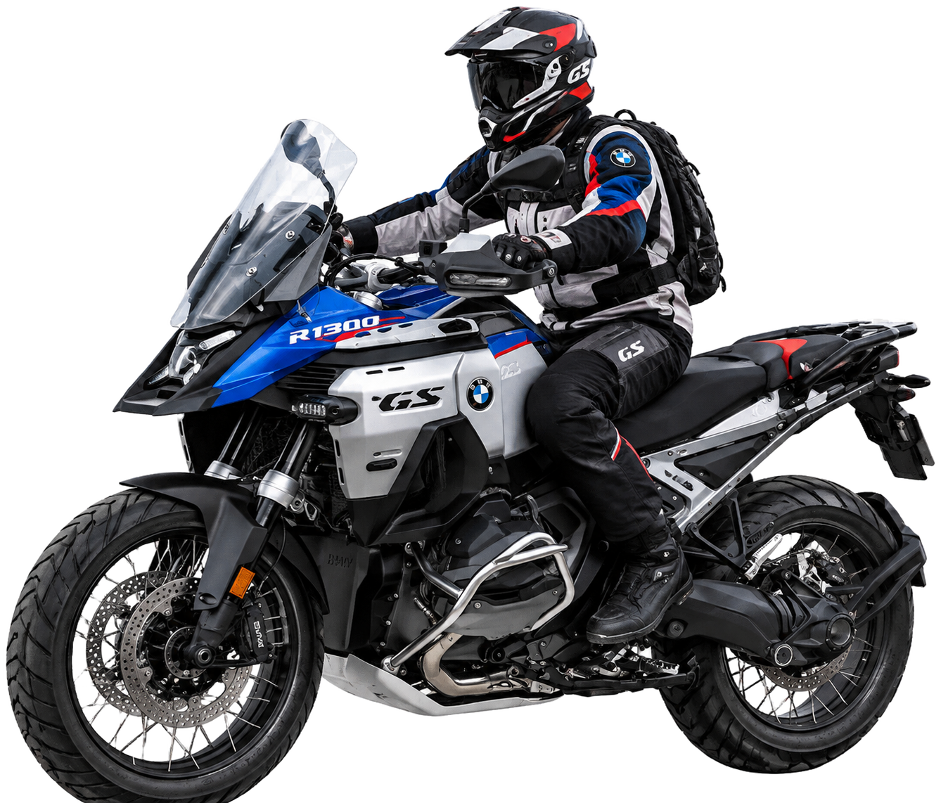 BMW R 1300 GS azul, branca e vermelha, com piloto